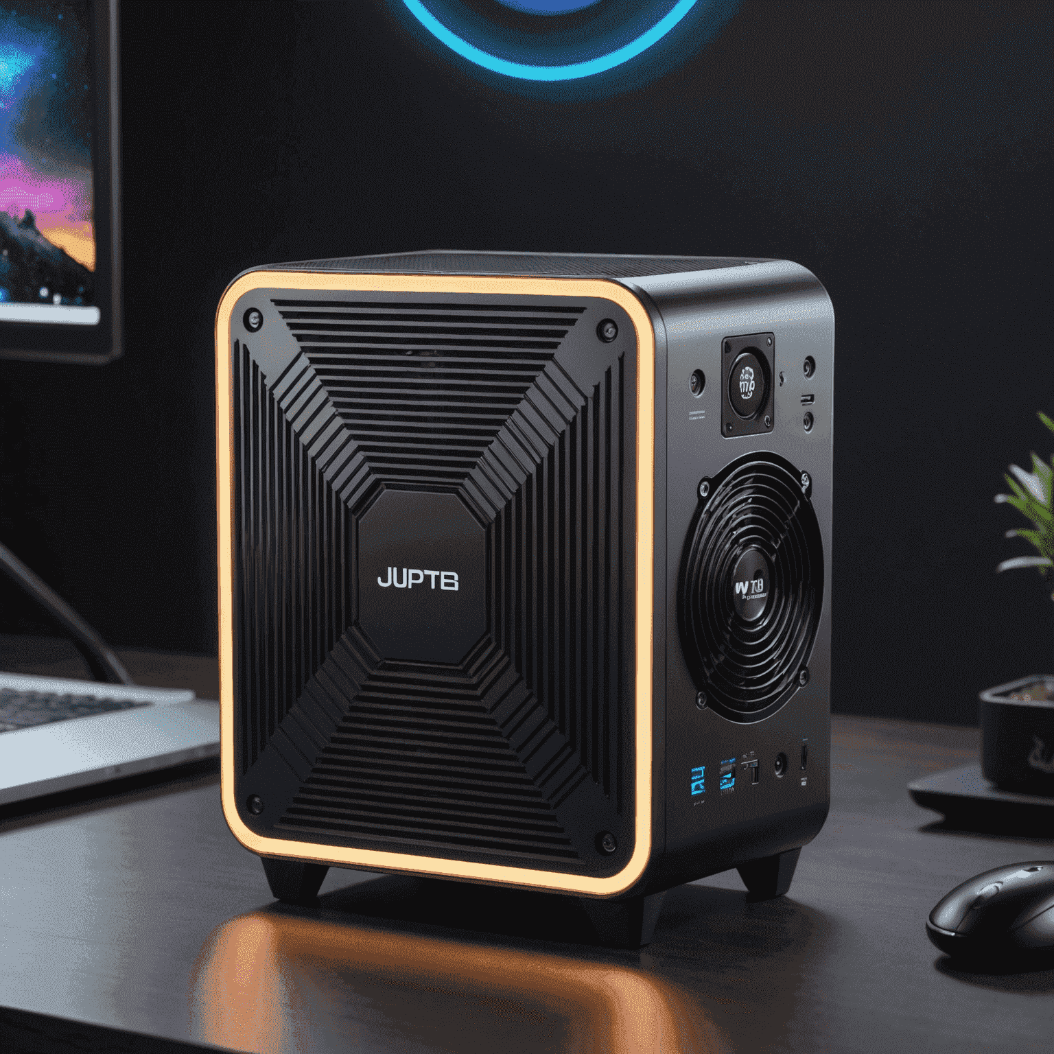 Jupiter X300 Mini PC showcasing its compact design with RGB lighting accents, displayed next to the Best Mini PC of the Year award trophy