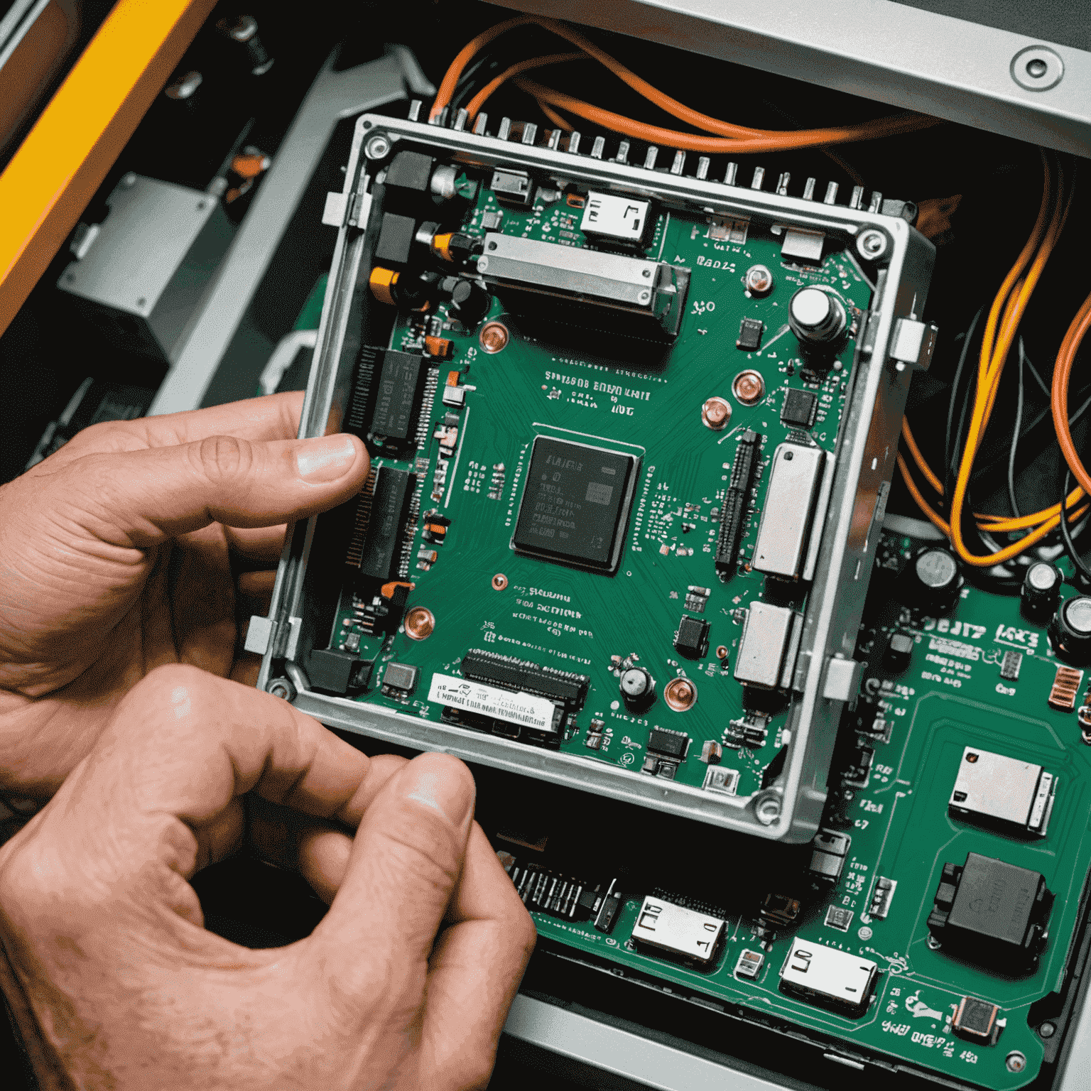 Jupiter X300 Mini Computer being serviced by a technician. The image shows the compact 178 x 178 x 34mm device opened up, revealing its internal components including the AM4 socket, multiple USB ports, and video outputs. The technician is using specialized tools to diagnose and repair the device.