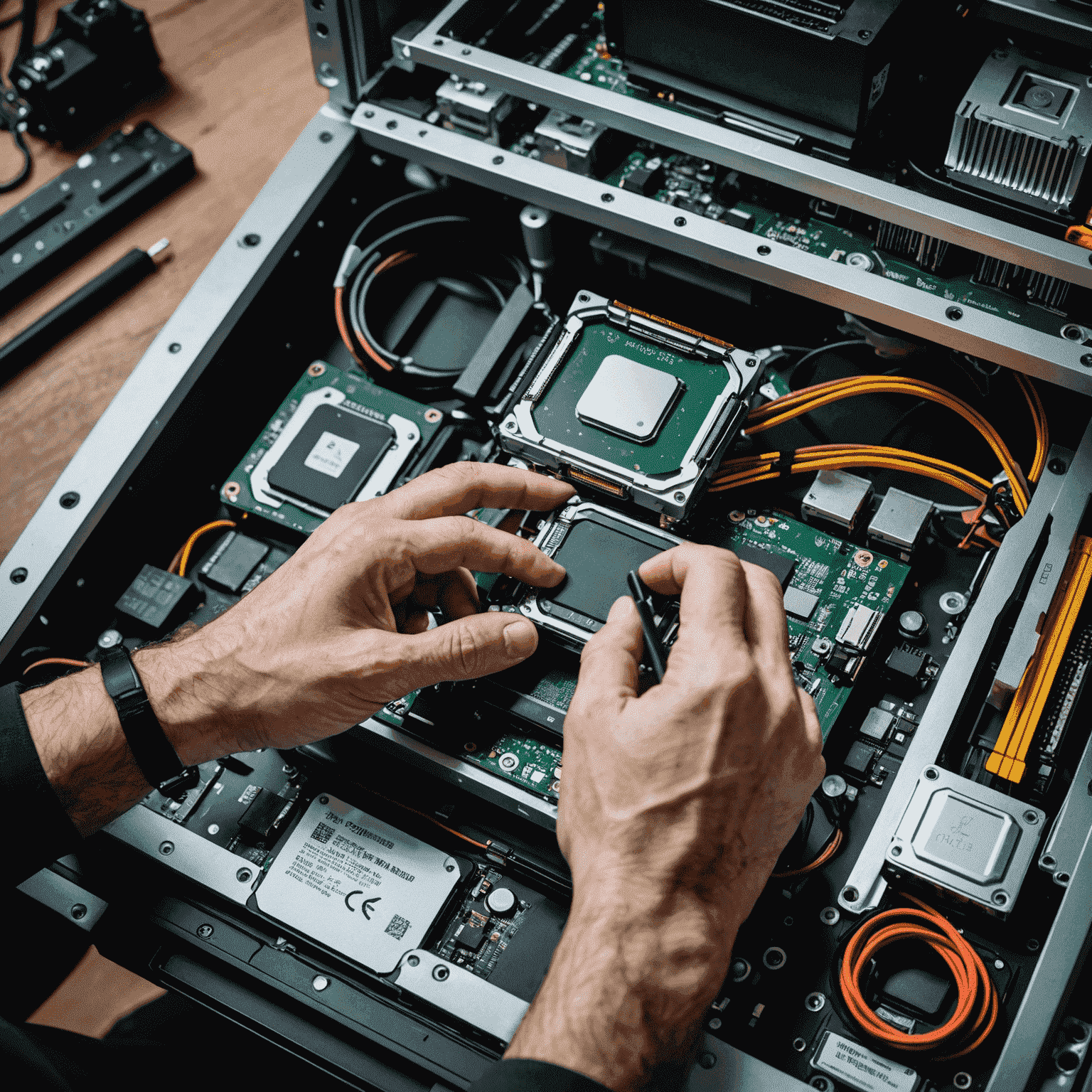 Jupiter X300 mini PC being customized with RAM upgrade and SSD installation. The image shows the compact device opened up, revealing its internal components. A technician's hands are visible, carefully inserting new RAM modules and an SSD into the appropriate slots. The background features a workbench with various tools and computer parts, emphasizing the professional and technical nature of the customization process.