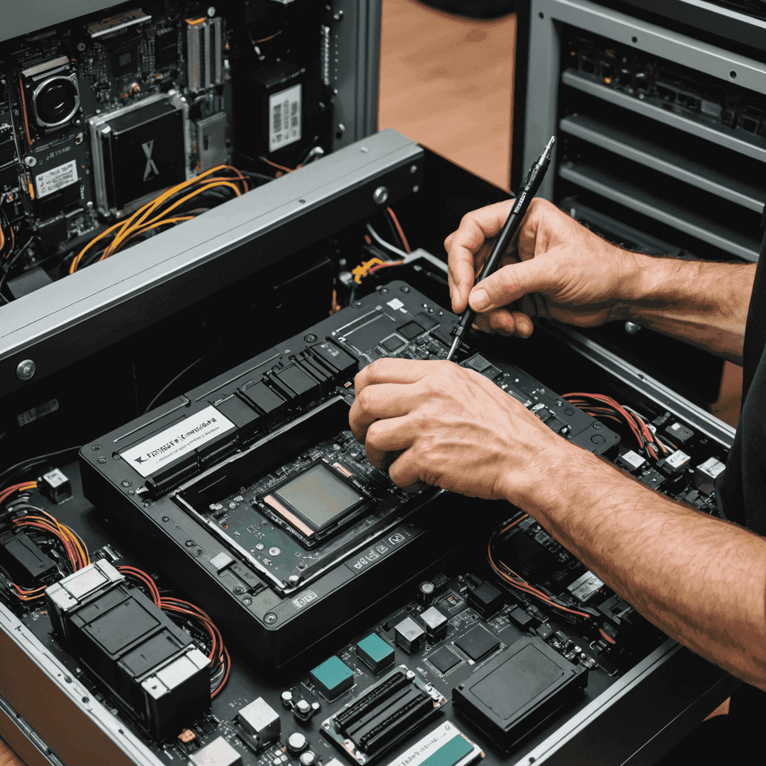 A technician repairing a Jupiter X300 mini computer. The image shows the sleek, matte black exterior of the X300 opened up, revealing its internal components. The technician is wearing anti-static gear and using precision tools to work on the device. In the background, you can see other X300 units and various computer parts, emphasizing the professional repair environment.