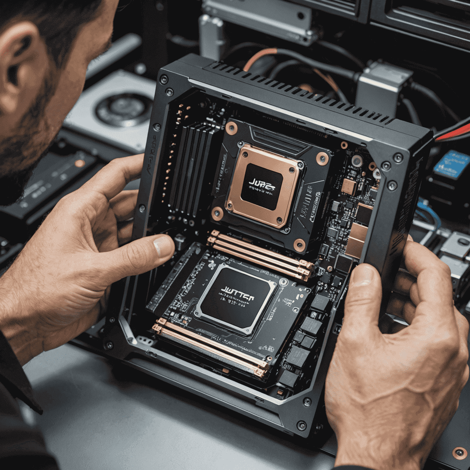 Jupiter X300 Mini Computer being customized with RAM upgrade and SSD installation, showcasing the compact AM4 socket design