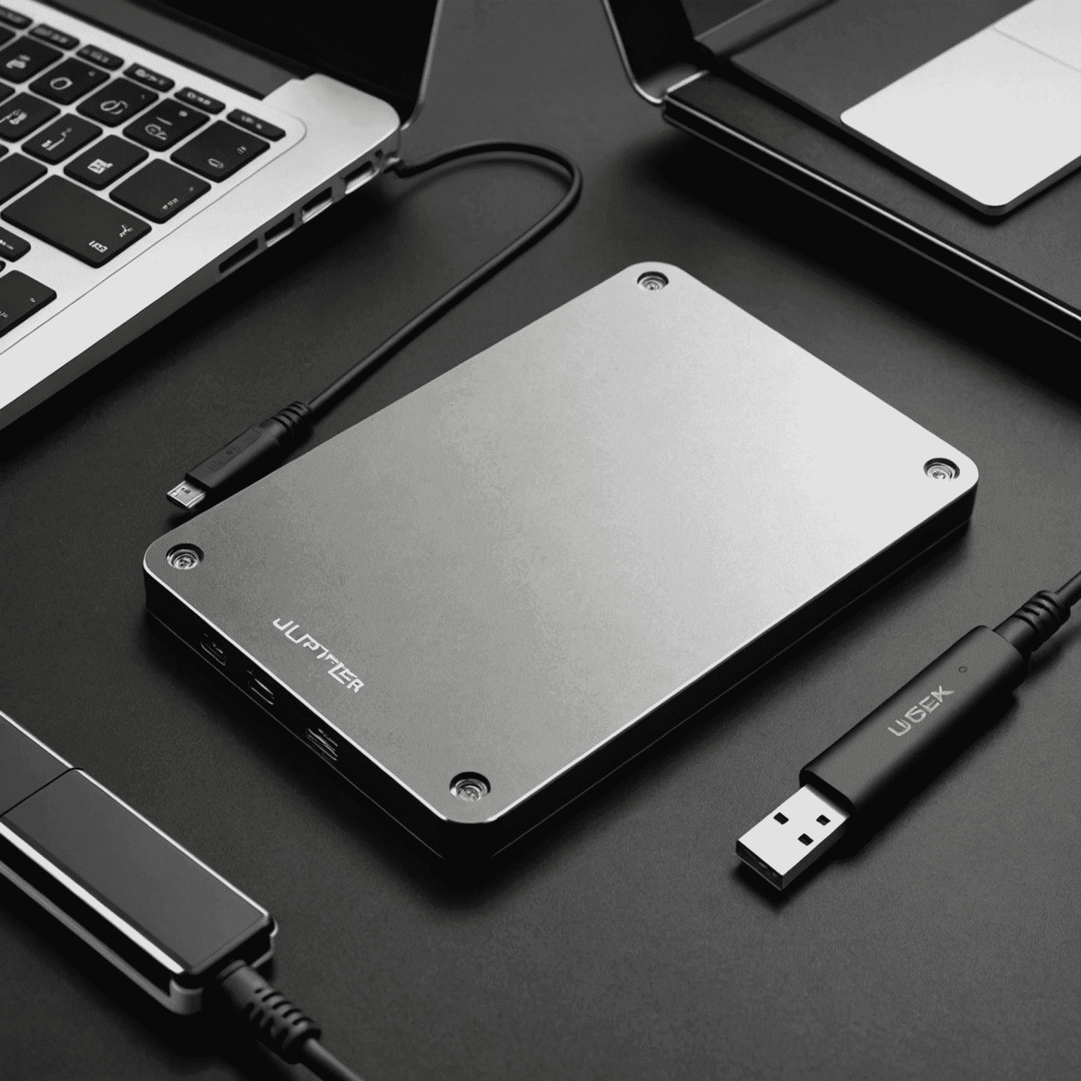 Sleek external SSD drive designed to match the aesthetic of the Jupiter X300, featuring USB 3.2 connectivity