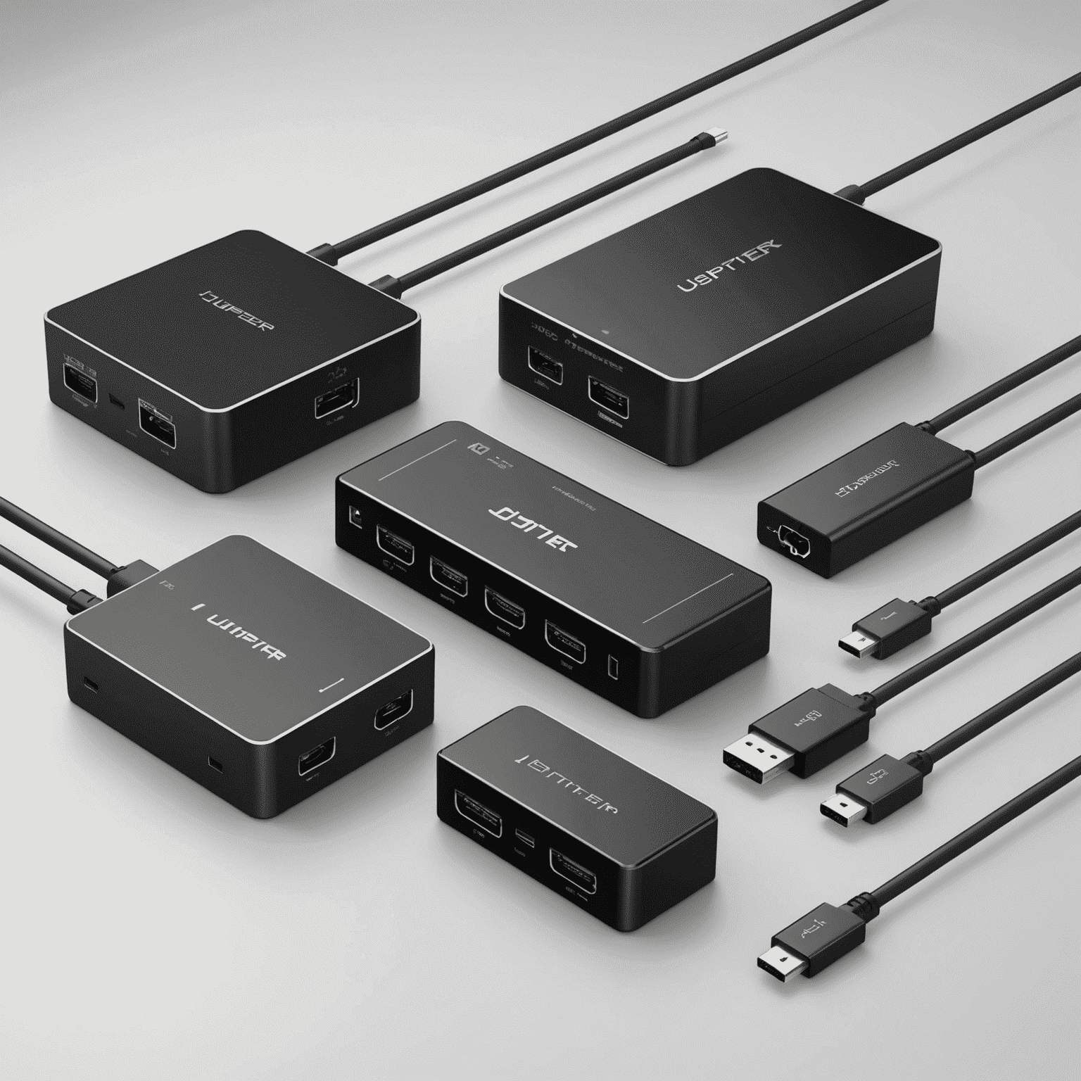 A set of various connectivity adapters including USB-C to Ethernet, DisplayPort to HDMI, and multi-port USB hubs, all designed to complement the Jupiter X300