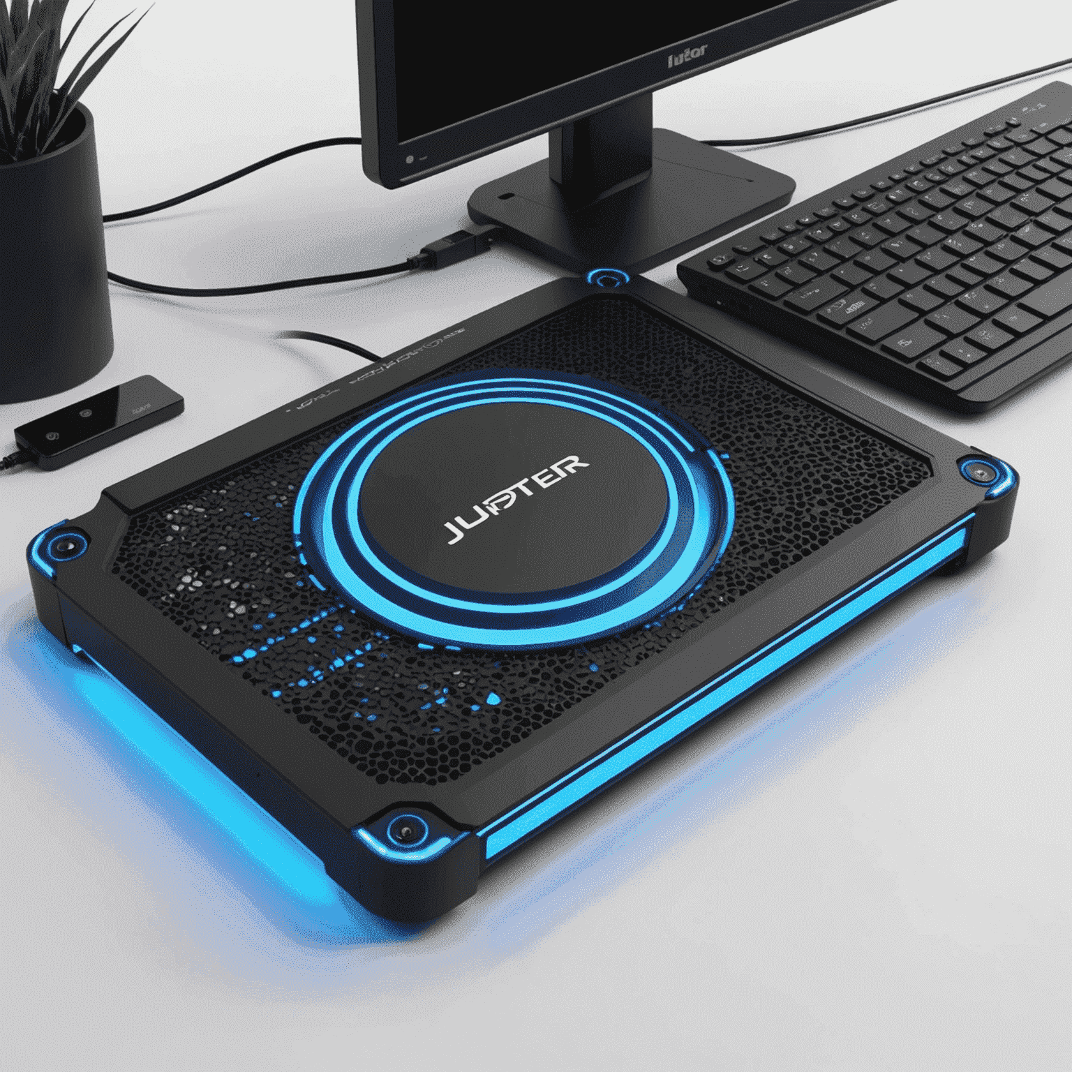 A slim, black cooling pad with blue LED lighting, designed to fit perfectly under the Jupiter X300 mini PC