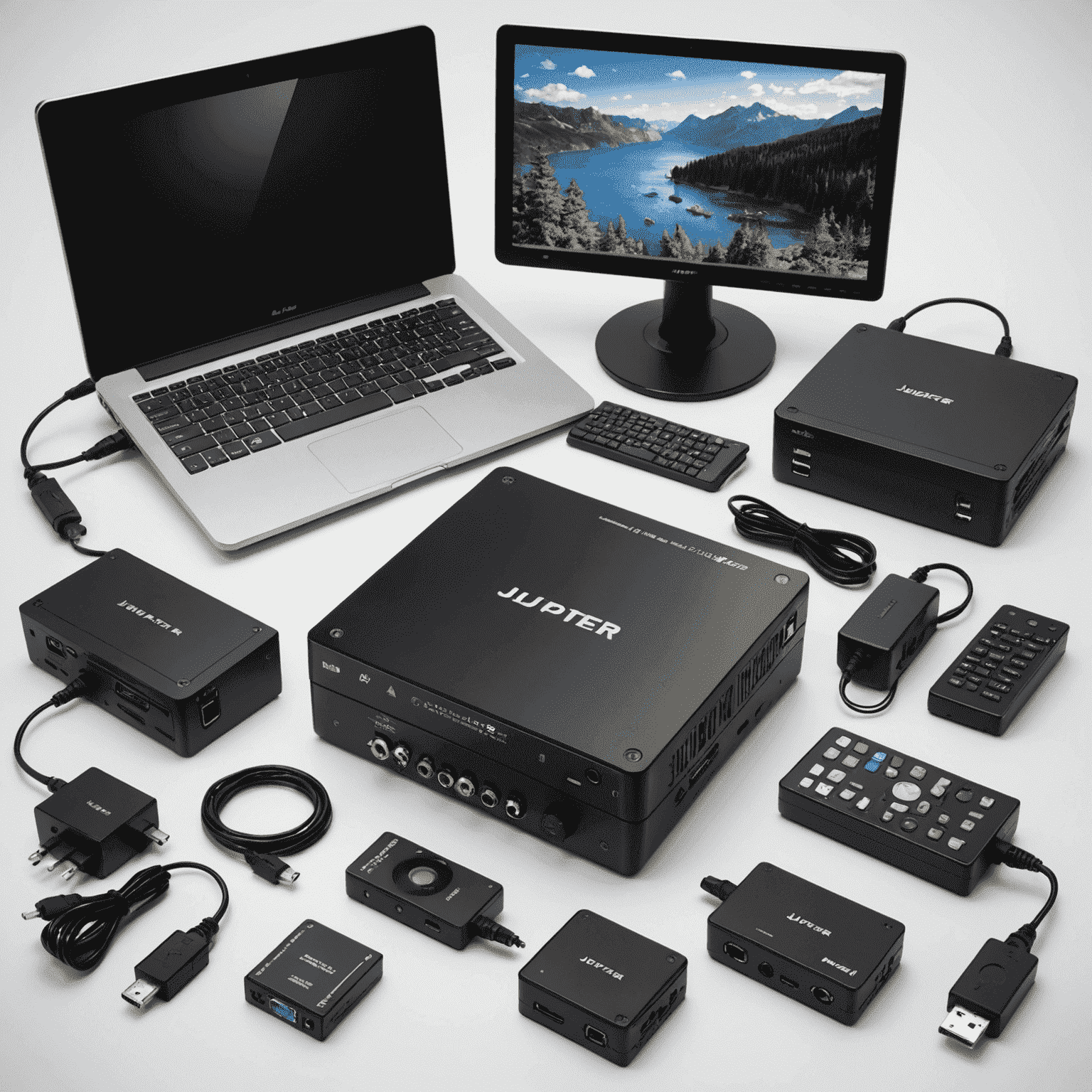 Various accessories for Jupiter X300 Mini Computer including VESA mount, external drives, and adapters, showcasing its multiple video outputs