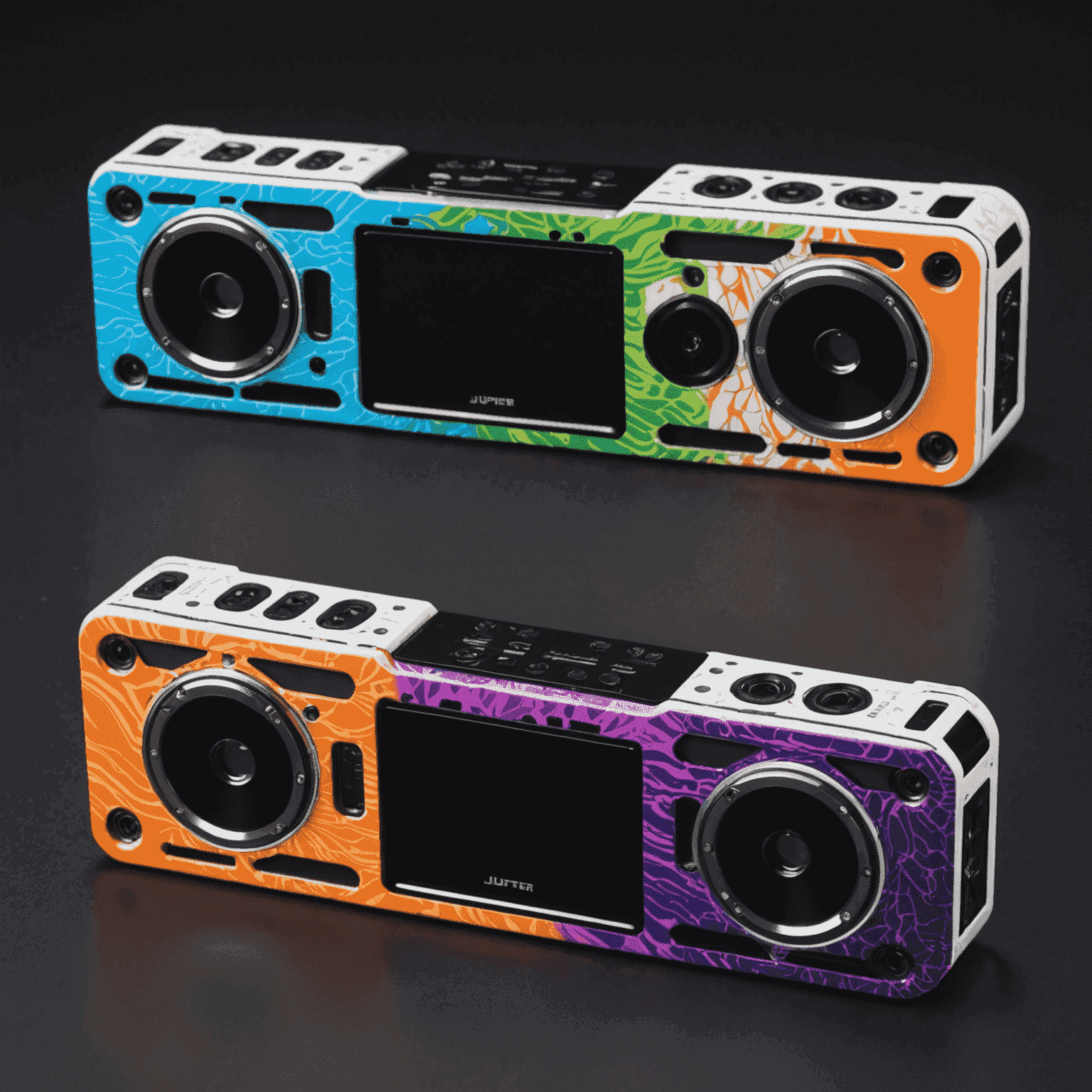 A set of interchangeable faceplates for the Jupiter X300 in various colors and patterns, along with RGB lighting strips